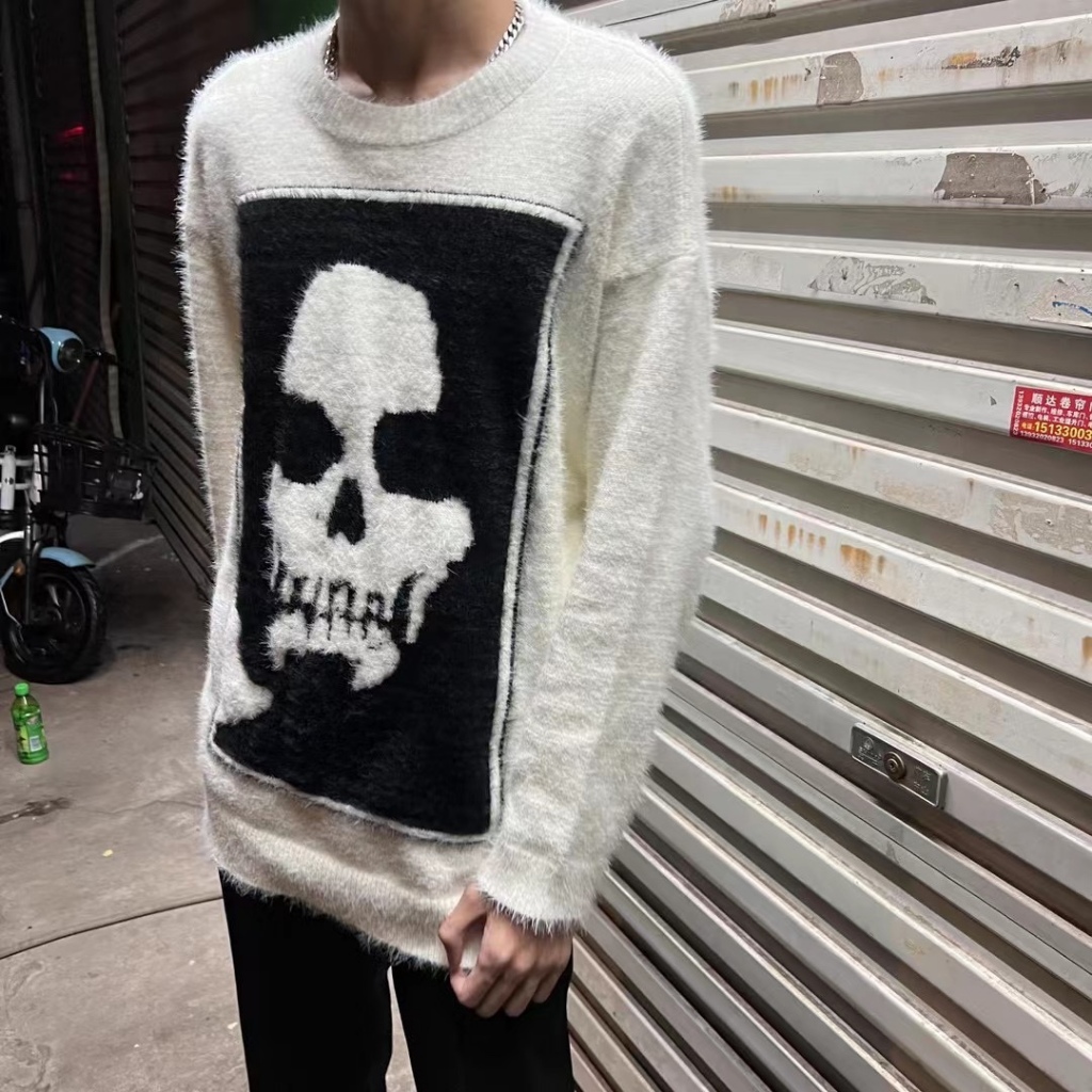 Áo sweater len nam nữ cổ tròn lông cừu hottrend sweater nam nữ unisex dáng rộng in hình đầu lâu cá tính 2537