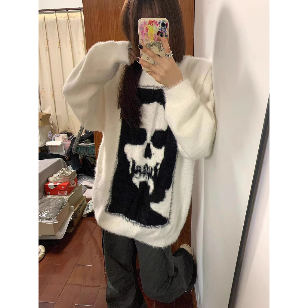 Áo sweater len nam nữ cổ tròn lông cừu hottrend sweater nam nữ unisex dáng rộng in hình đầu lâu cá tính 2537