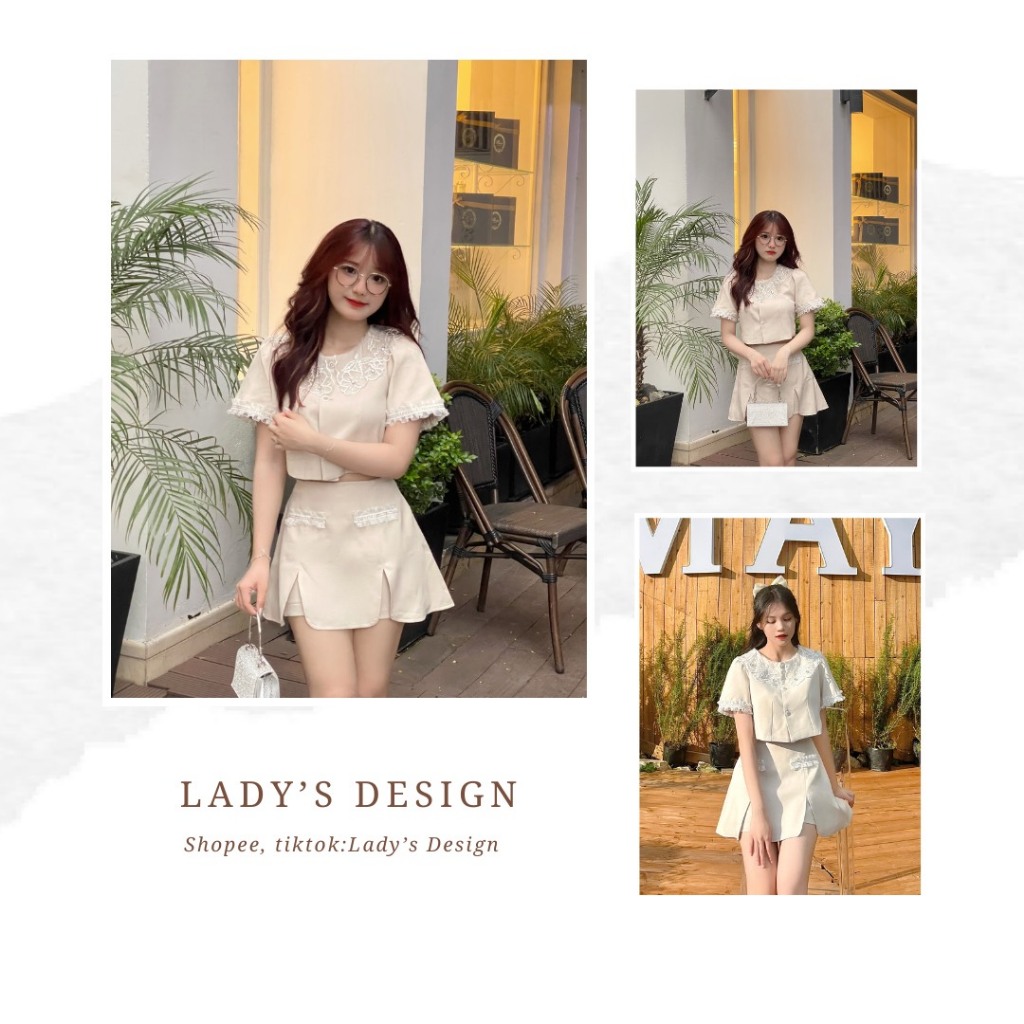 Set áo cổ ren đính đá chân váy chữ A ngắn siêu xinh