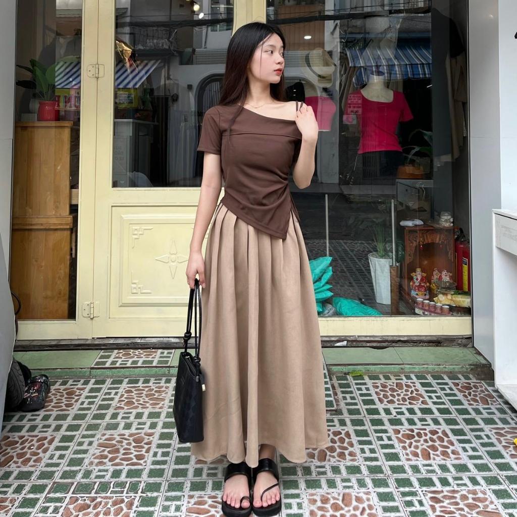Chân váy nhung xếp li dáng dài ZiniStore