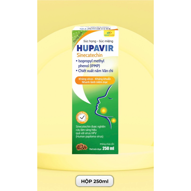 Nước súc miệng súc họng Hupavir 250ml chiết xuất nấm vân chi, trà xanh, lá neem hỗ trợ sùi, hạt lympho cho cả nam và nữ
