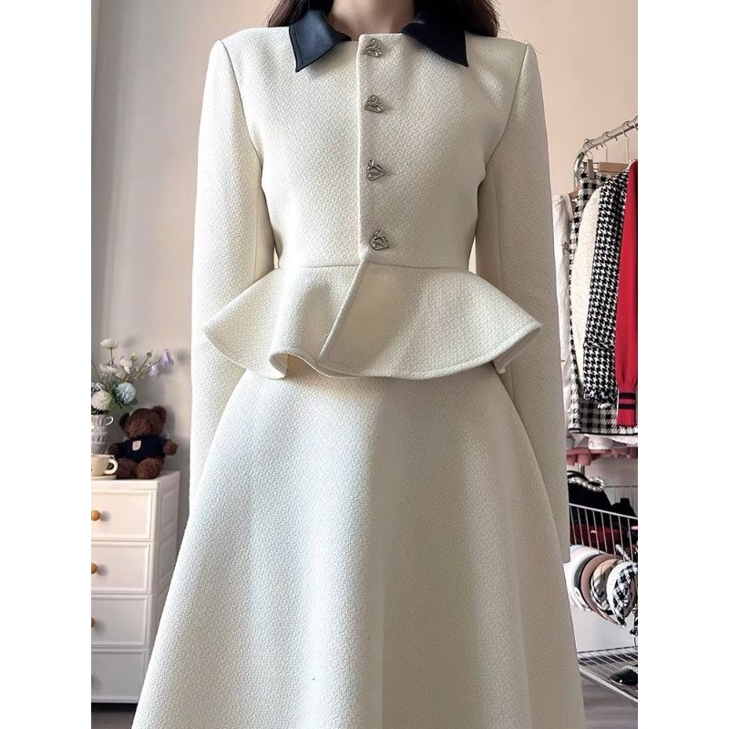 Sét váy dài tay dài đính nút peplum chất xốp lendy đi chơi