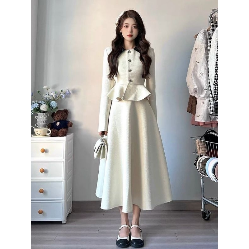 Sét váy dài tay dài đính nút peplum chất xốp lendy đi chơi