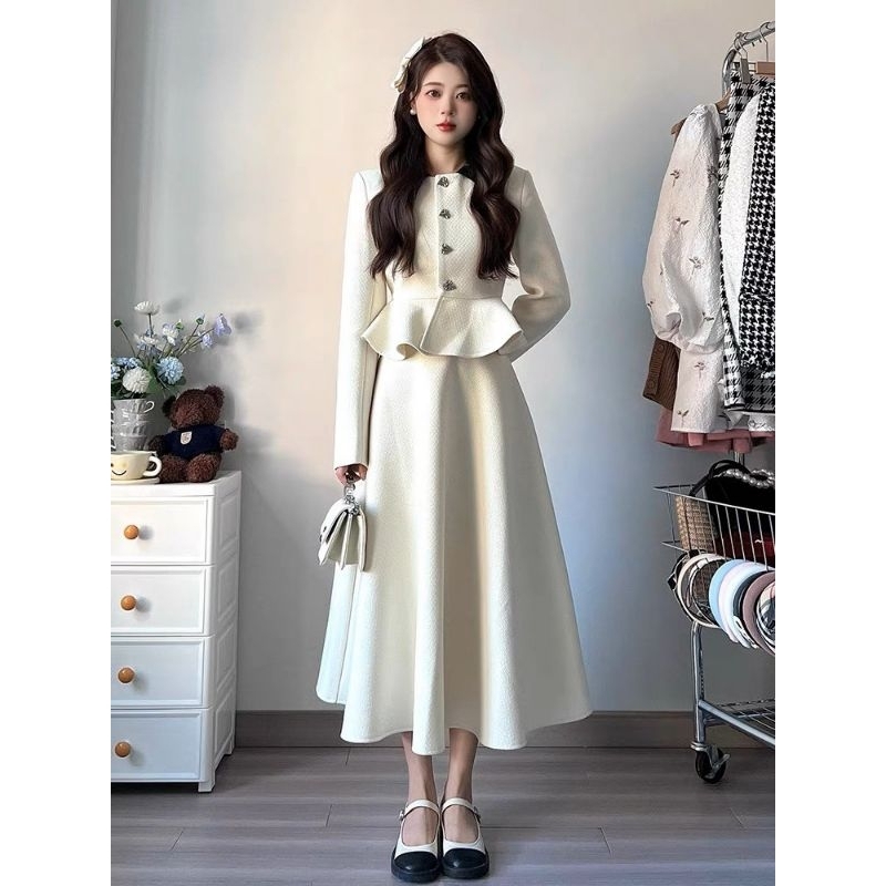 Sét váy dài tay dài đính nút peplum chất xốp lendy đi chơi