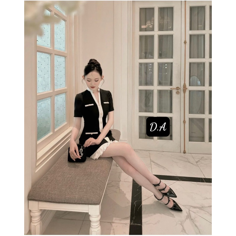 Đầm dáng xoè tầng quây ngực đính nơ