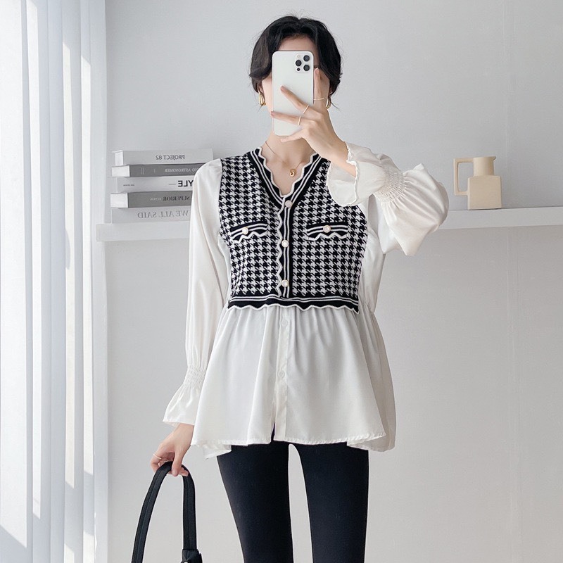 Áo bầu công sở chất lụa hàn đẹp thiết kế họa tiết siêu xinh tay bo chun cực điệu đà AD138