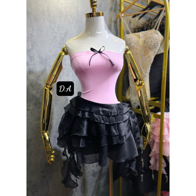 Đầm dáng xoè tầng quây ngực đính nơ