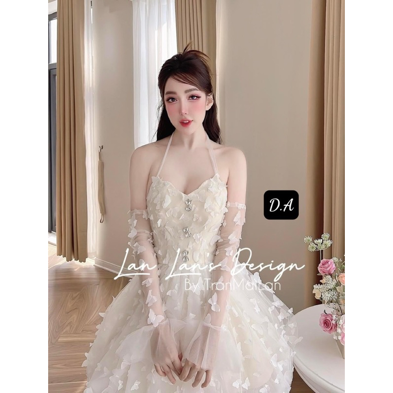 Đầm dáng xoè bồng cổ yếm đính bướm kèm găng tay tiểu thư