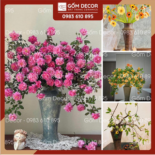 Lọ hoa gốm mộc lọ cắm cành hồng hoa ly hoa hồng - lọ hoa bát tràng