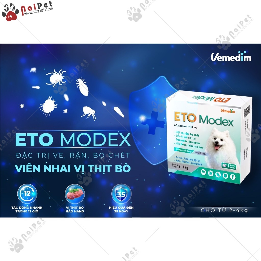 Viên Nhai Ghẻ Viêm Da Có Mủ Bọ Chét Ve Rận Demodex Và Các Loại Ký Sinh Trùng Khác Trên Chó Eto Modex Vemedim