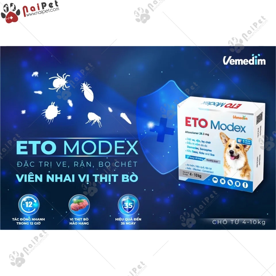 Viên Nhai Ghẻ Viêm Da Có Mủ Bọ Chét Ve Rận Demodex Và Các Loại Ký Sinh Trùng Khác Trên Chó Eto Modex Vemedim