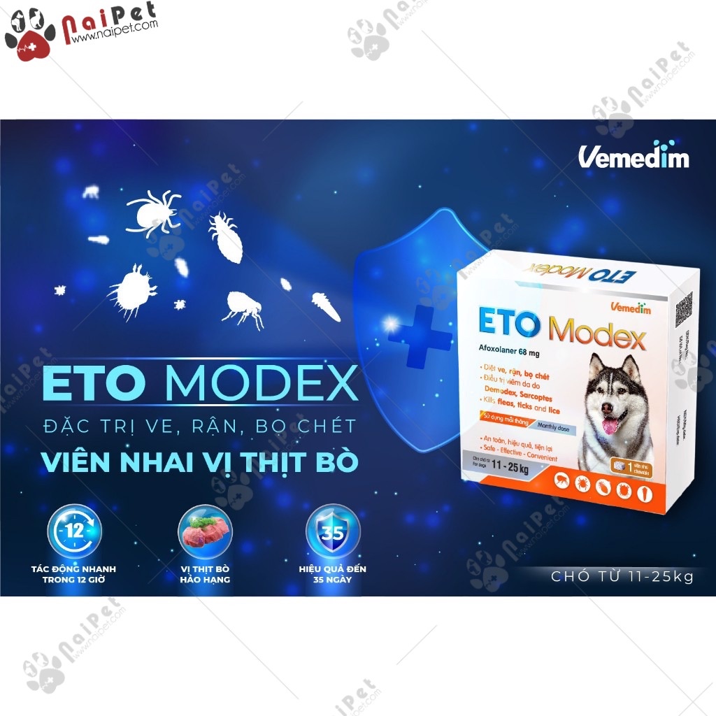 Viên Nhai Ghẻ Viêm Da Có Mủ Bọ Chét Ve Rận Demodex Và Các Loại Ký Sinh Trùng Khác Trên Chó Eto Modex Vemedim