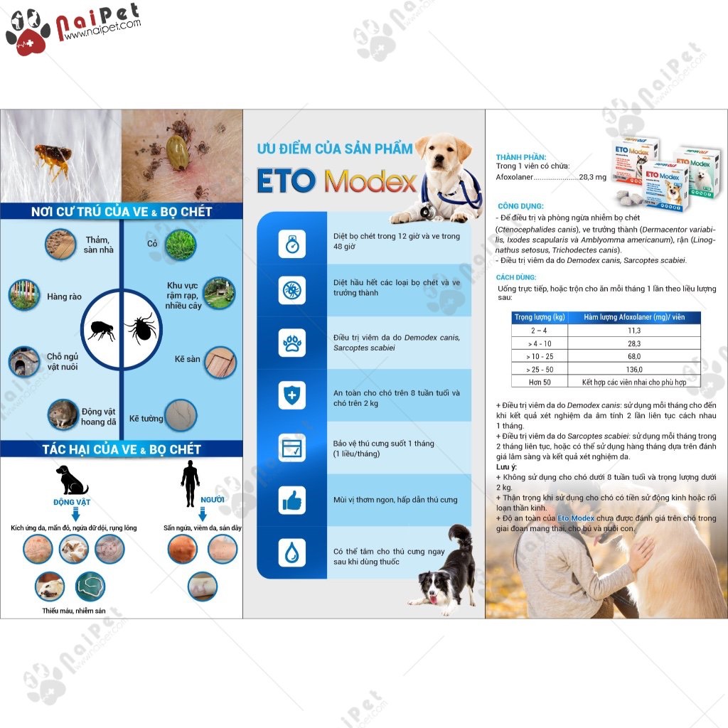 Viên Nhai Ghẻ Viêm Da Có Mủ Bọ Chét Ve Rận Demodex Và Các Loại Ký Sinh Trùng Khác Trên Chó Eto Modex Vemedim
