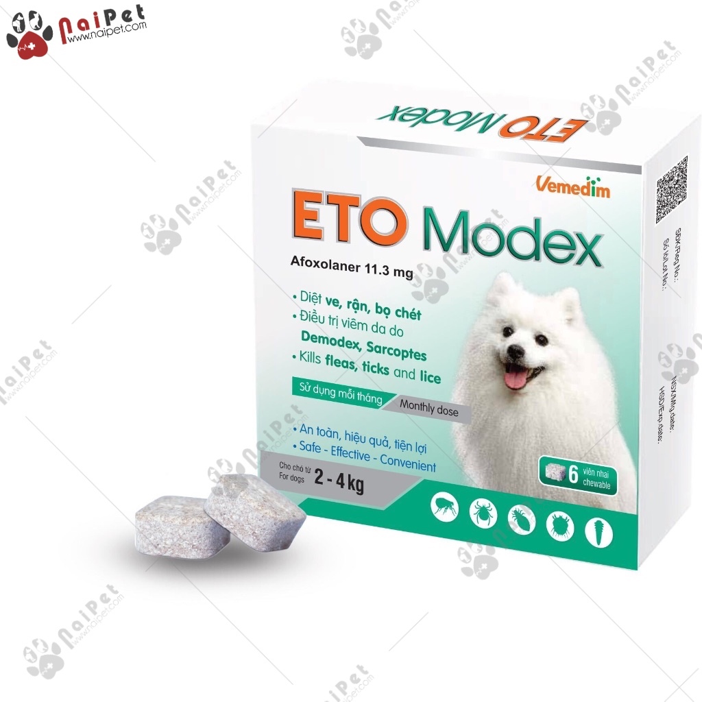 Viên Nhai Ghẻ Viêm Da Có Mủ Bọ Chét Ve Rận Demodex Và Các Loại Ký Sinh Trùng Khác Trên Chó Eto Modex Vemedim