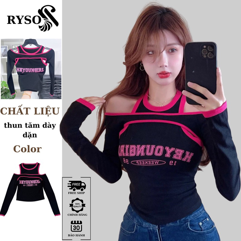 Áo Thun Crotop RYSO FASHION Áo Croptop Nữ Tay Dài Phối Viền Thun Gân Dày Dặn Trể Vai