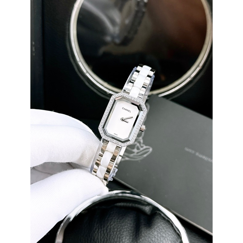 Đồng hồ cao cấp Chanel đá sứ, đá Ceramics kết hợp vỏ Thép mặt chữ nhật siz 20mm x25mm