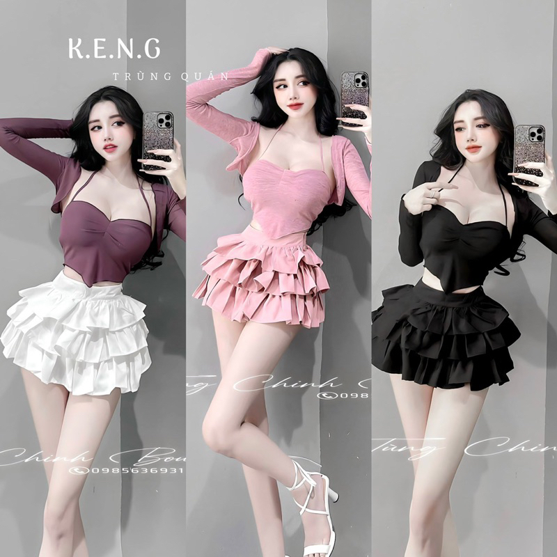 Set áo khoác + áo bra cúp ngực + chân váy tầng tiểu thư