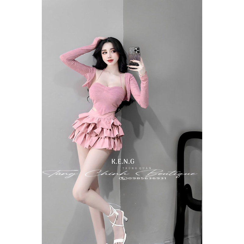 Set áo khoác + áo bra cúp ngực + chân váy tầng tiểu thư