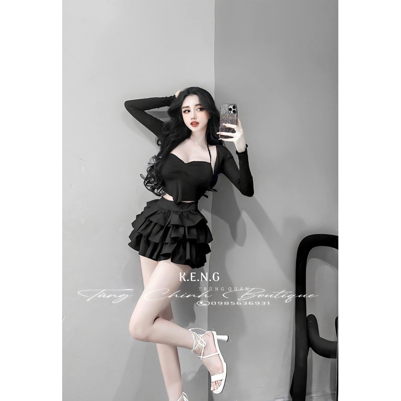 Set áo khoác + áo bra cúp ngực + chân váy tầng tiểu thư