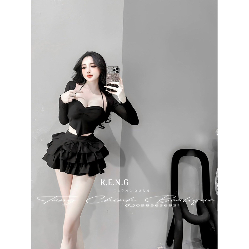 Set áo khoác + áo bra cúp ngực + chân váy tầng tiểu thư