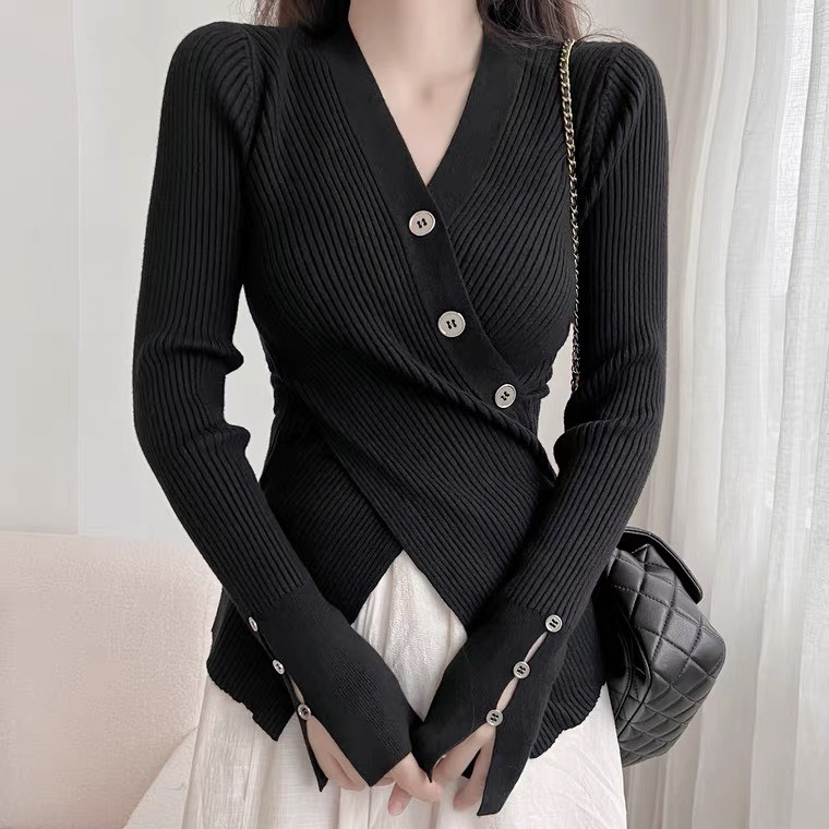 A15 Áo len vạt chéo phối khuy đơn giản Habii