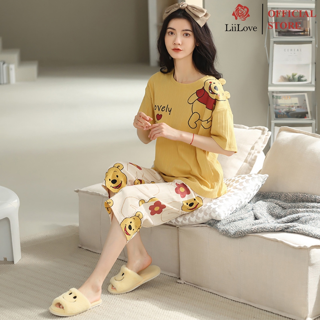 Bộ Đồ Ngủ Nữ Mùa Hè, Bộ Mặc Nhà Nữ Quần Lửng Chất Cotton Áo Ngắn Tay Mát Mẻ Mặc Nhà, Đi Ngủ, Đi Chơi LIILOVE Mã BK