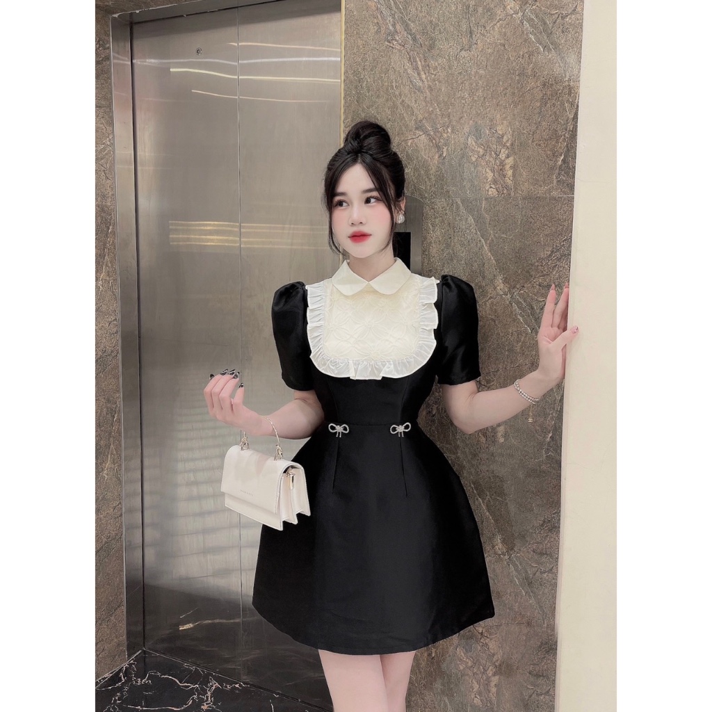 Váy tafta tay bồng phối cổ bèo kèm tag đá nơ màu Đen,Trắng