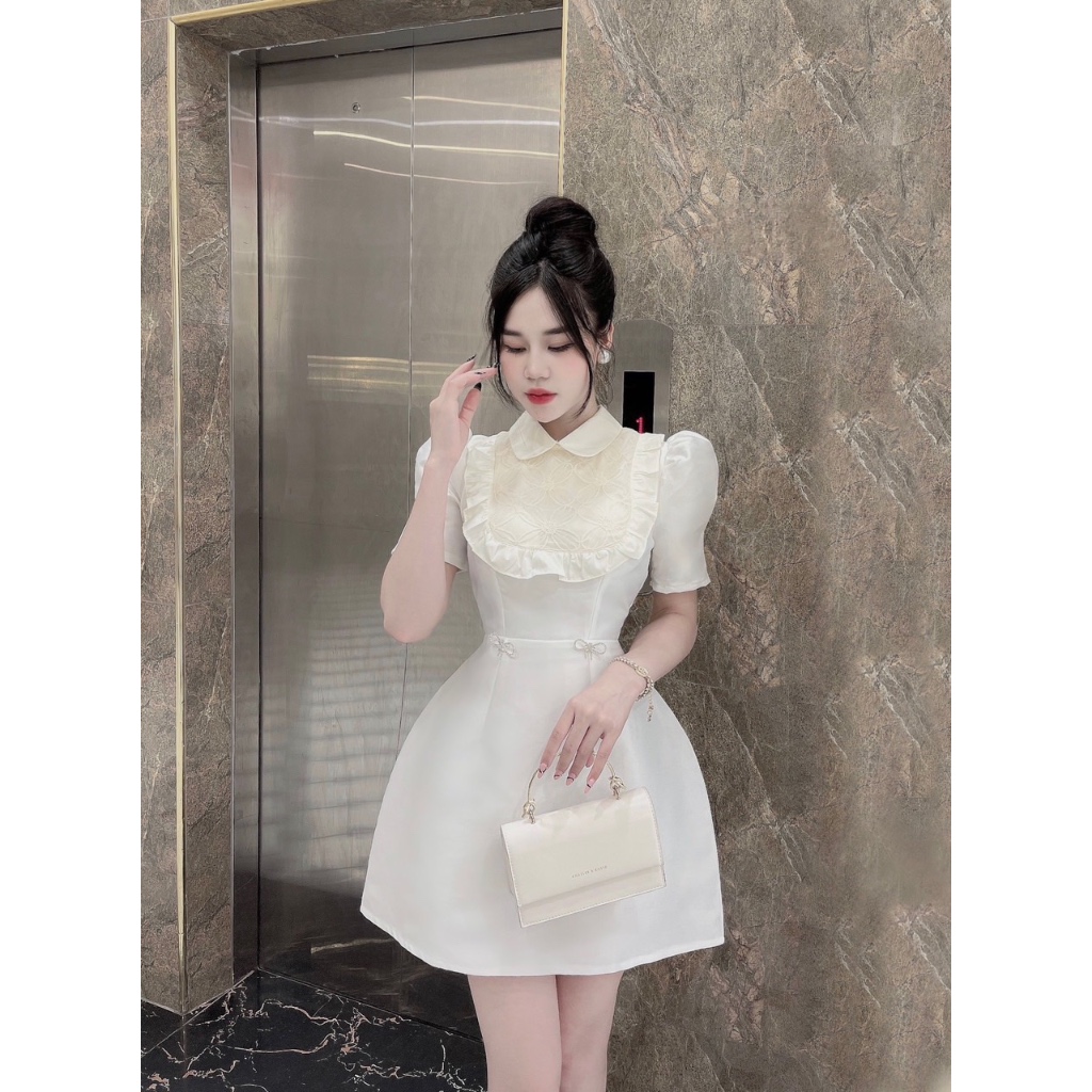 Váy tafta tay bồng phối cổ bèo kèm tag đá nơ màu Đen,Trắng