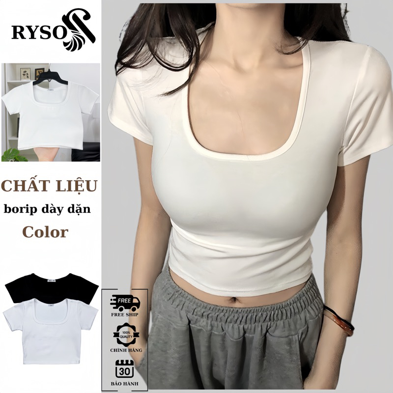 Áo Croptop Trơn Basic RYSO FASHION Ôm Body Cổ Vuông Tay Ngắn Chất Thun Gân Dày Dặn Co Giản Mềm Mát