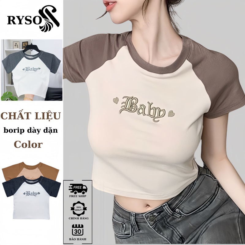 Áo Croptop Thun Ôm Body Tay Ngắn RYSO FASHION Kiểu Sexy Thêu Họa Tiết Phối Tay Chất Thun Gân Siêu Dày