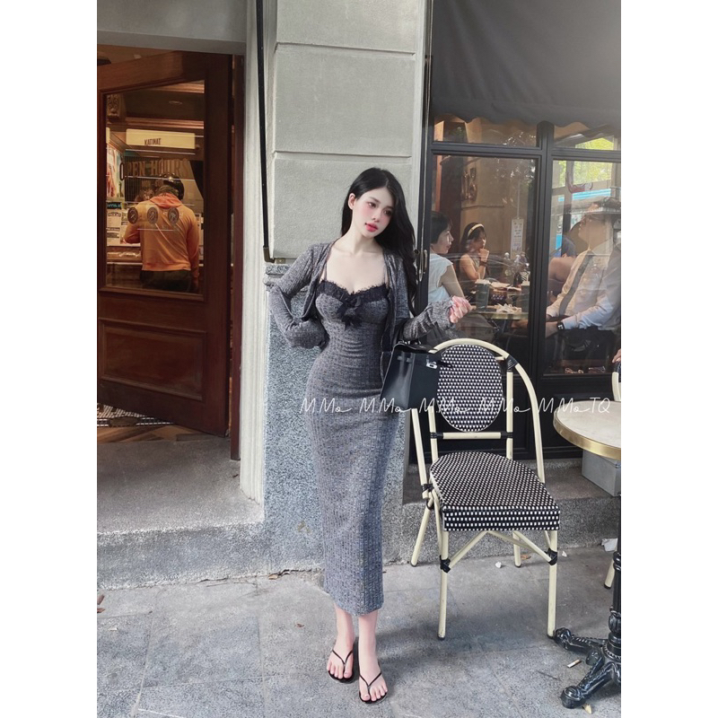 Đầm body dáng dài phối ren kèm áo choàng len siêu hách dáng