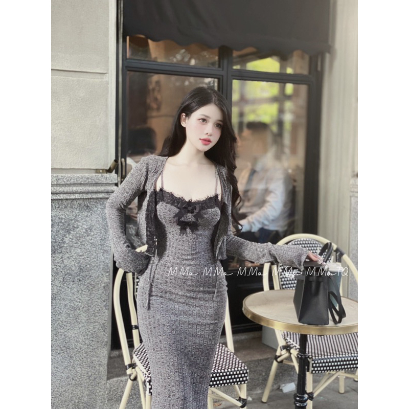 Đầm body dáng dài phối ren kèm áo choàng len siêu hách dáng