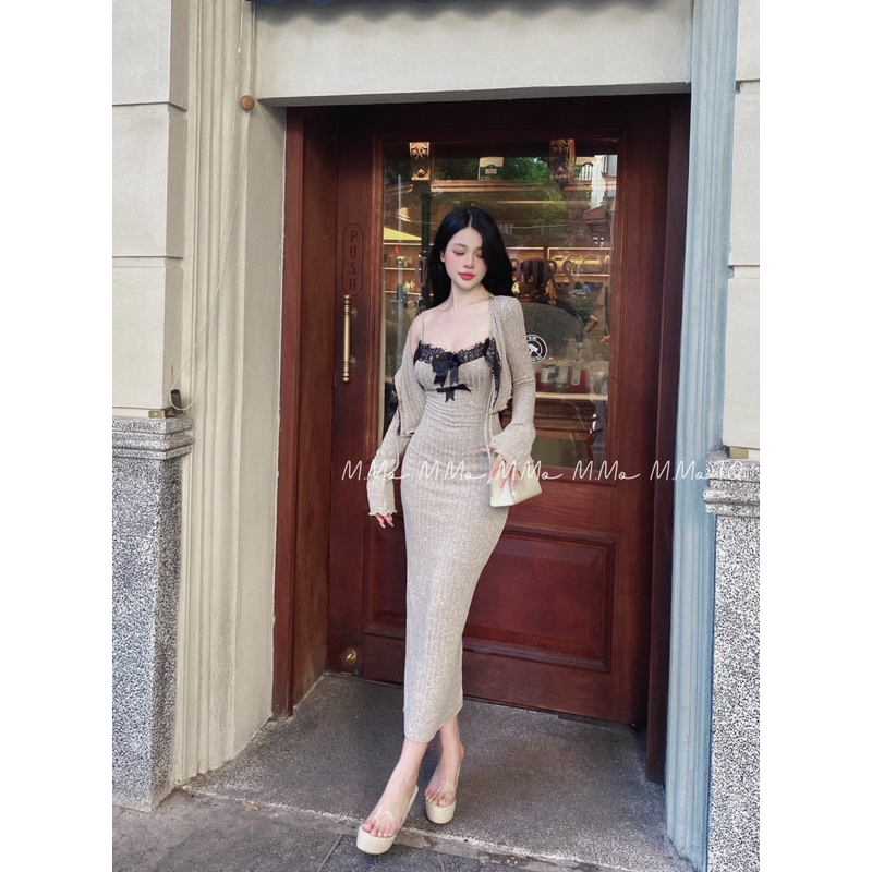 Đầm body dáng dài phối ren kèm áo choàng len siêu hách dáng