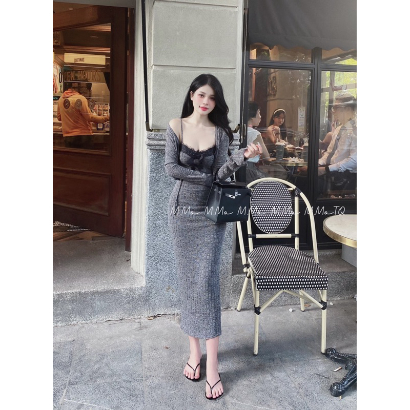 Đầm body dáng dài phối ren kèm áo choàng len siêu hách dáng