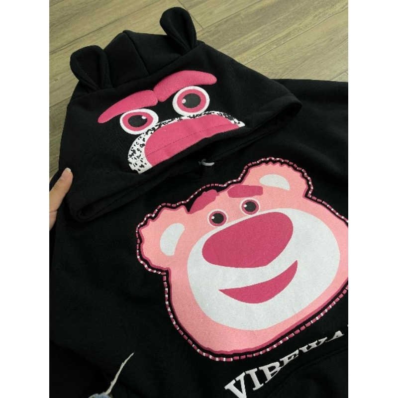 ÁO HOODIE ĐEN GẤU DÂU DỄ THƯƠNG FROM RỘNG FREESIZE