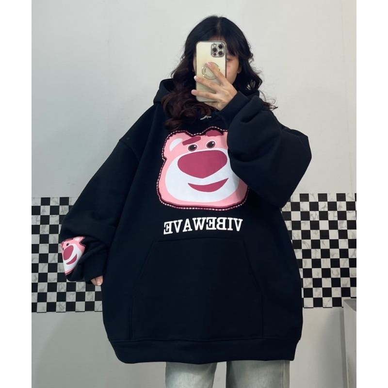 ÁO HOODIE ĐEN GẤU DÂU DỄ THƯƠNG FROM RỘNG FREESIZE