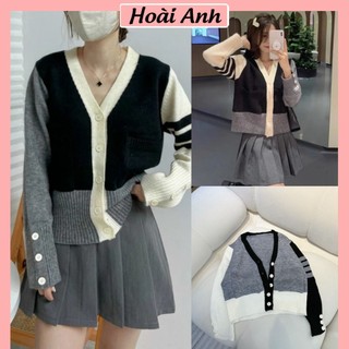 Áo khoác len thome dáng lỡ phối màu áo cadigan len dáng ngắn dài tay freesize