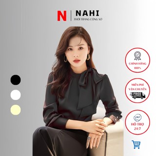 ￼Áo sơ mi lụa tay dài cổ tròn thắt nơ thời trang công sở thu đông A1