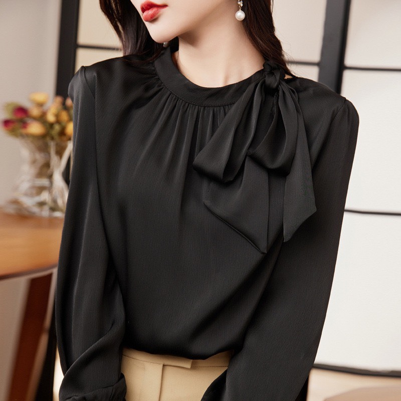 ￼Áo sơ mi lụa tay dài cổ tròn thắt nơ thời trang công sở thu đông A1