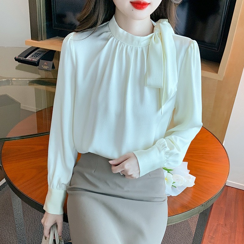 ￼Áo sơ mi lụa tay dài cổ tròn thắt nơ thời trang công sở thu đông A1