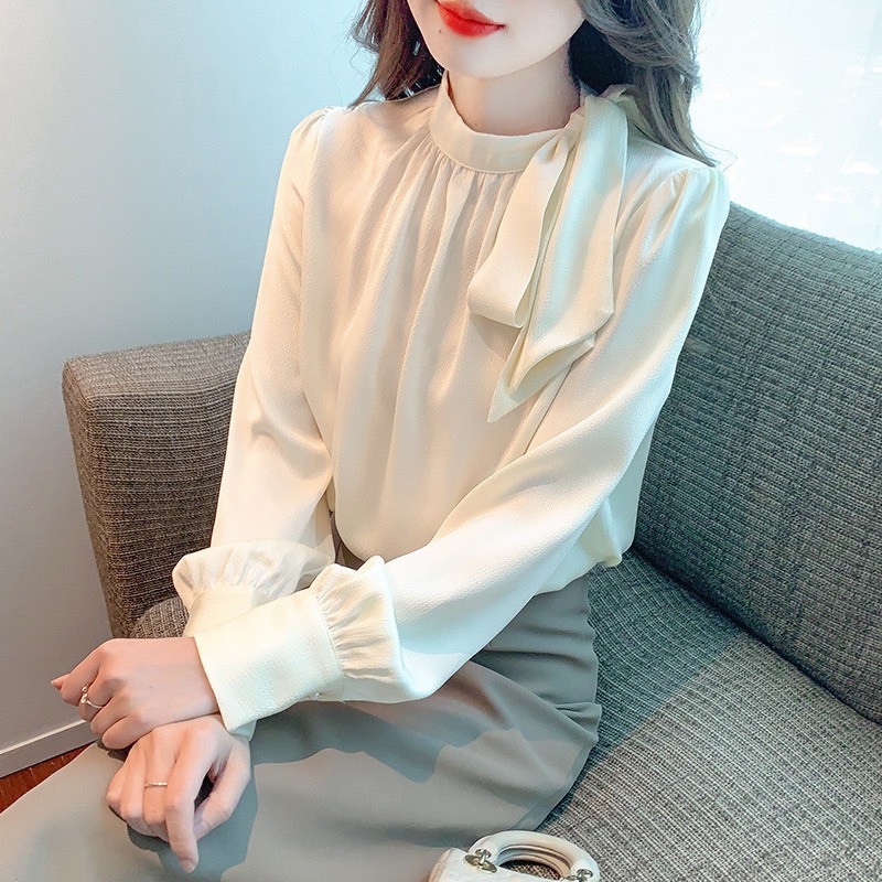 ￼Áo sơ mi lụa tay dài cổ tròn thắt nơ thời trang công sở thu đông A1