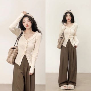 [Ảnh Thật]: Set Áo Len Nâu Be Vạt Eo Kèm Quần Suông Chéo Hàn Đẹp Kèm Ảnh Thật LOLLAYE SQ.117