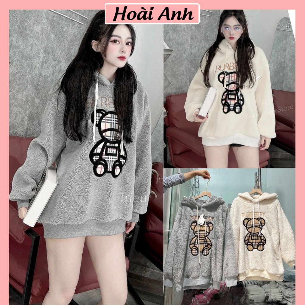 Áo Lông Thụng BBR Có Mũ Áo Hoodie Lông Cừu Dài Tay Thêu Hình Gấu Nổi Freesize