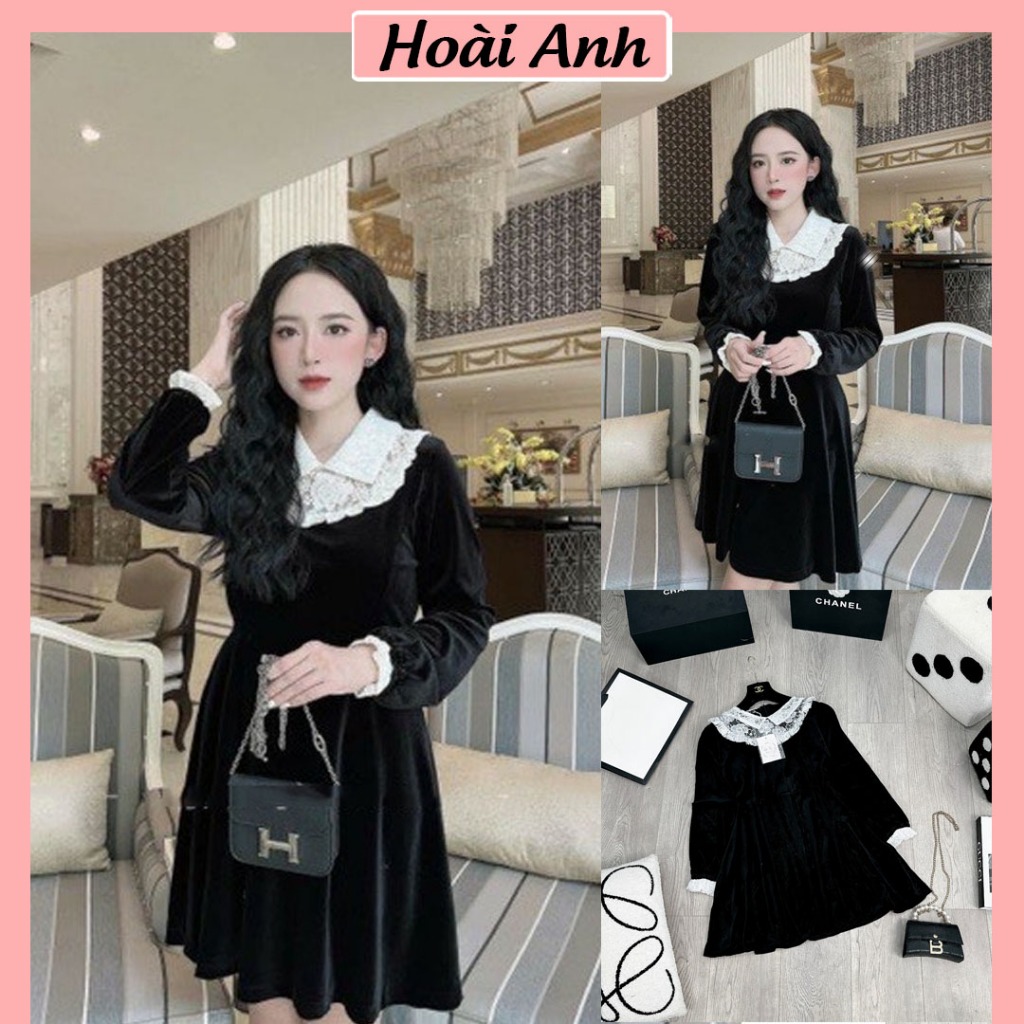 Váy Nhung Phối Cổ Ren Viền Bèo Tay Đầm Nhung Tuyết Đen Cổ Ren Hoa Khóa Lưng Freesize