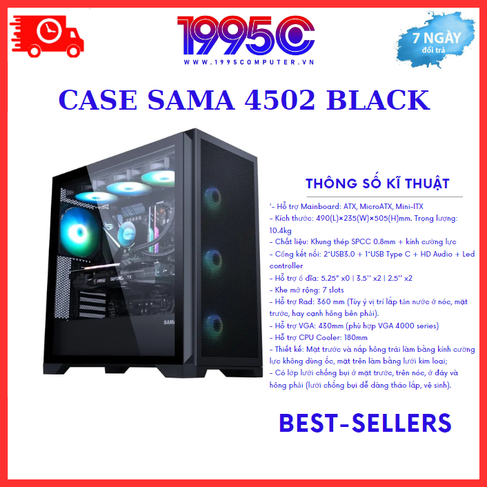 Vỏ Case máy tính SAMA 4502 Black (ATX - tặng 4  Fan ARGB sync led  được ) Có Ship Hỏa Tốc
