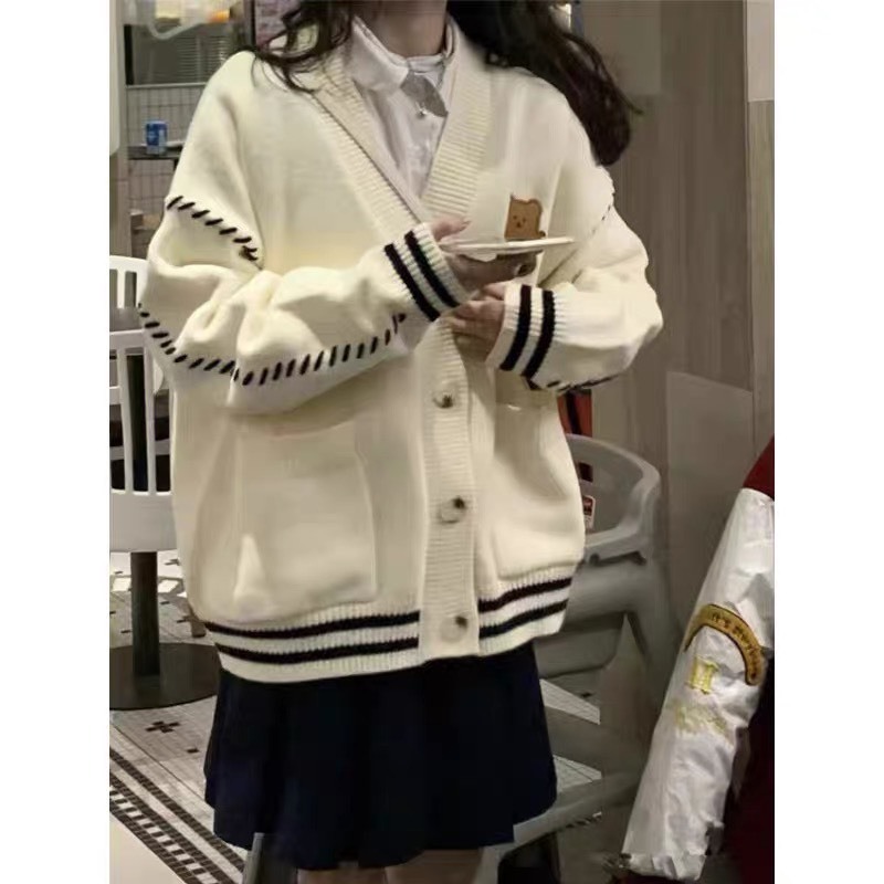 Áo khoác len cardigan nam nữ cổ V form rộng có túi unisex kẻ ngang basic mặc đôi chất mềm DELIZ | BigBuy360 - bigbuy360.vn