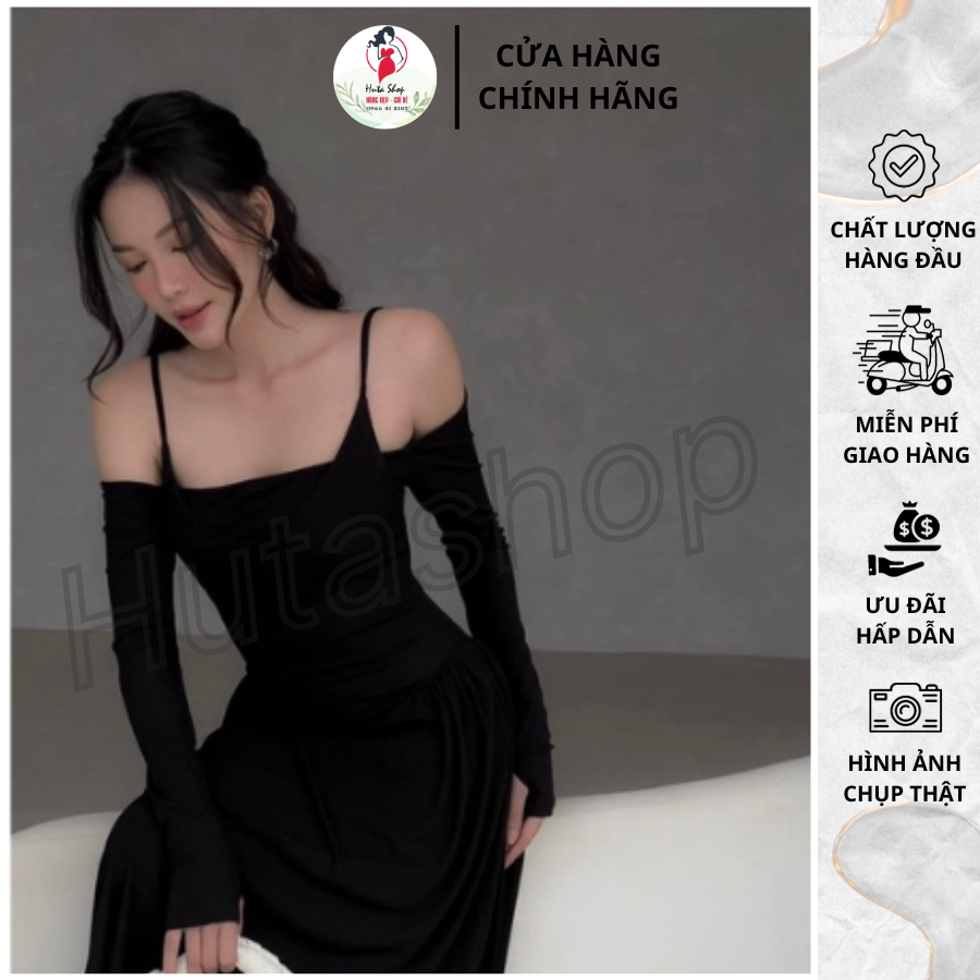 Set đầm body 2 dây dáng dài Huta kèm áo trễ vai cao cấp, chất liệu thun gân tăm mềm mại, co giãn tốt