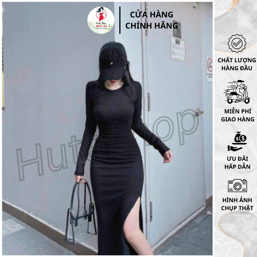 Đầm body dài tay cổ tròn Huta, váy body dáng ôm dài, thiết kế xẻ tà sexy, chất liệu thun gân dày dặn, co giãn tốt