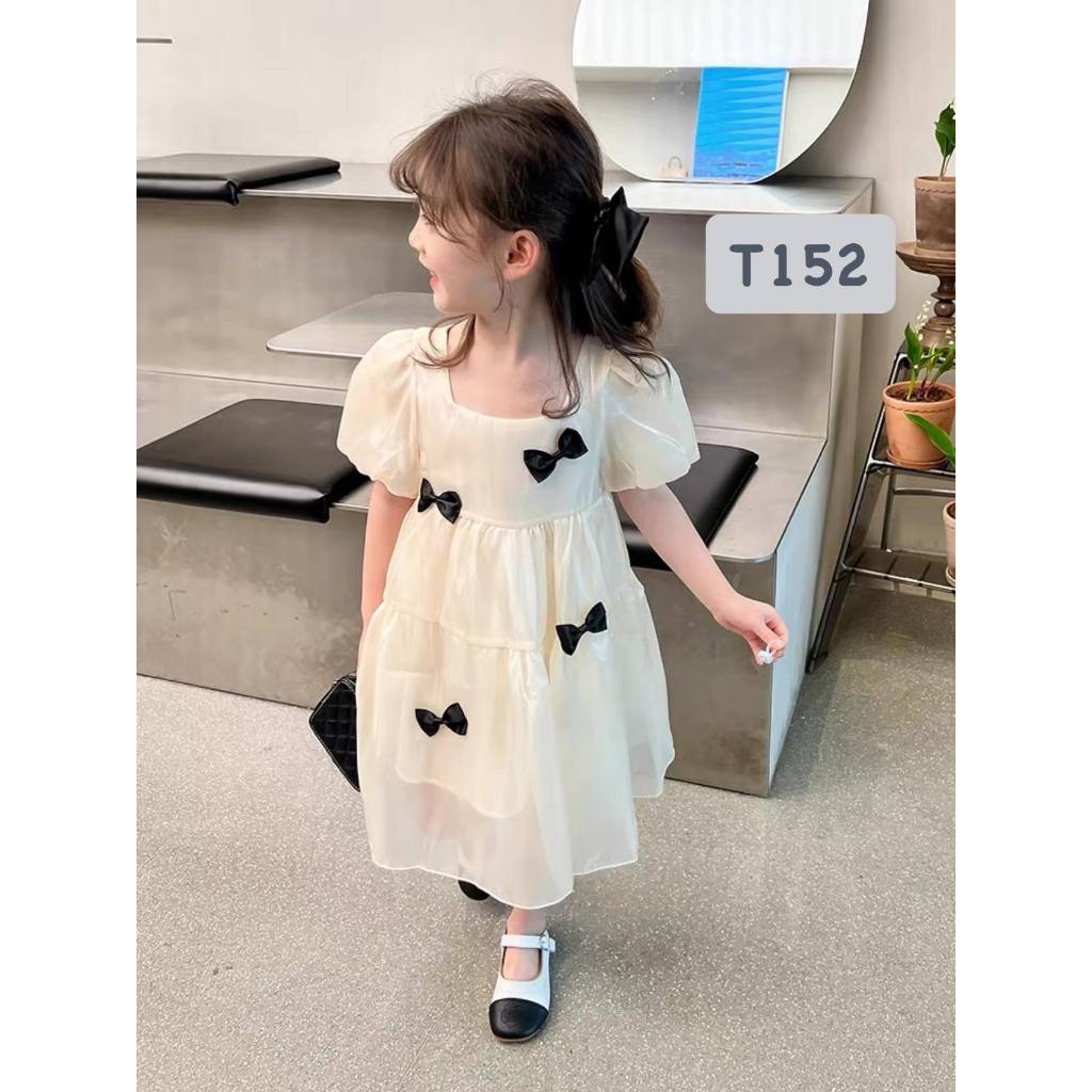 T152 Đầm cho bé Đầm voan tơ đính nơ kéo khóa sau cho bé gái