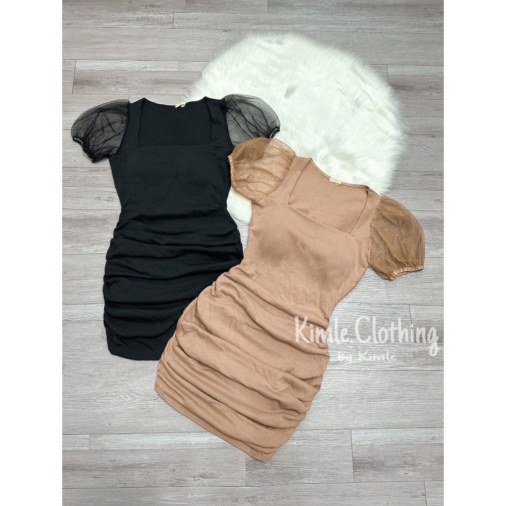 Đầm Ôm Body Tay Phồng Phối Voan Siêu Cuốn  2 MÀU.Chất: Thun Borip phối voan Freesize: <53kg